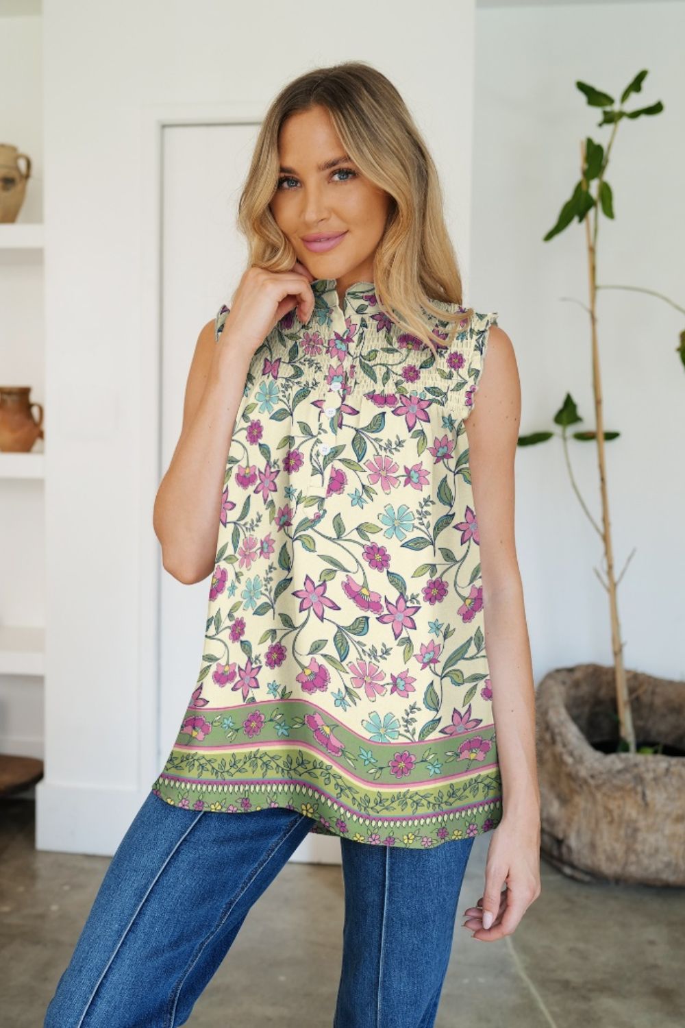 Frill Printed Mock Neck Top