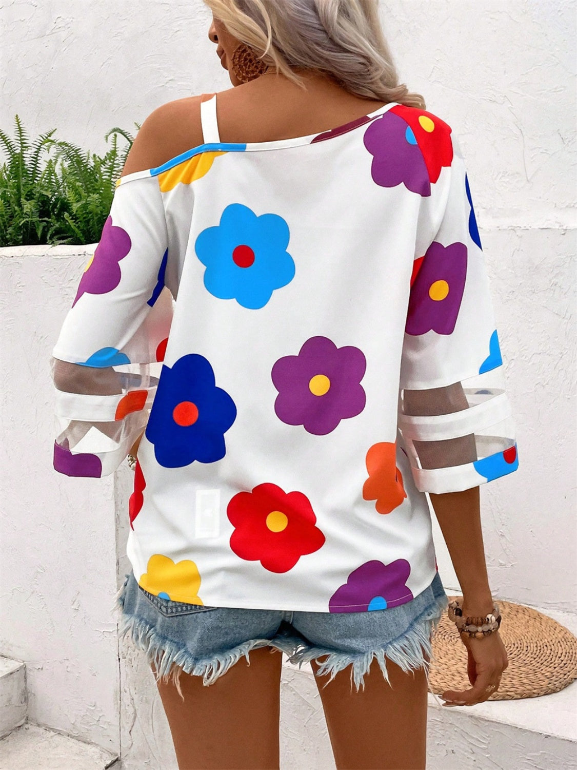 Flower Asymmetrical Neck Blouse