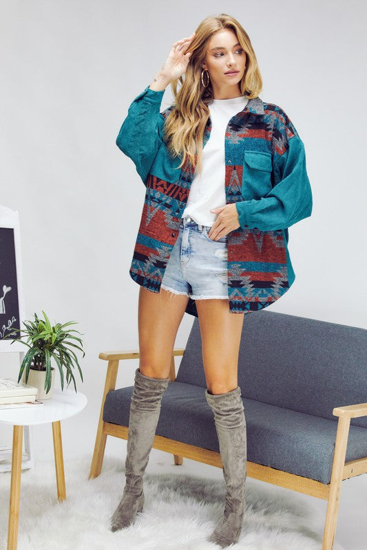 Plus Printed Button Down Long Sleeve Jacket