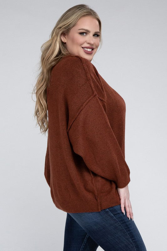 Plus Oversized Round Neck Raw Seam Melange Sweater