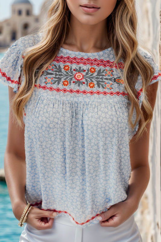 Embroidered Round Neck Cap Sleeve Blouse