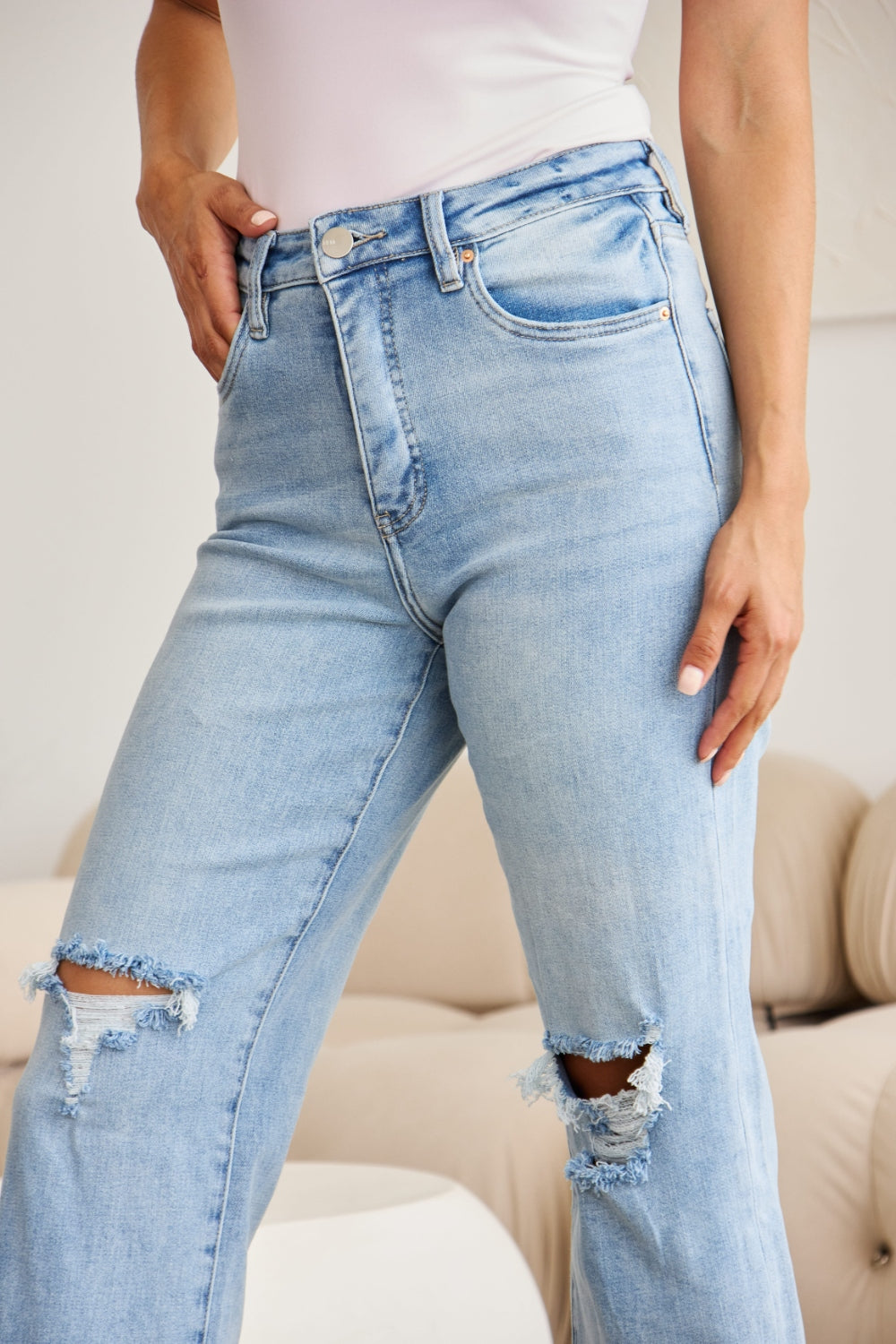 RFM Full Size Tummy Control High Waist Raw Hem Distressed Jeans