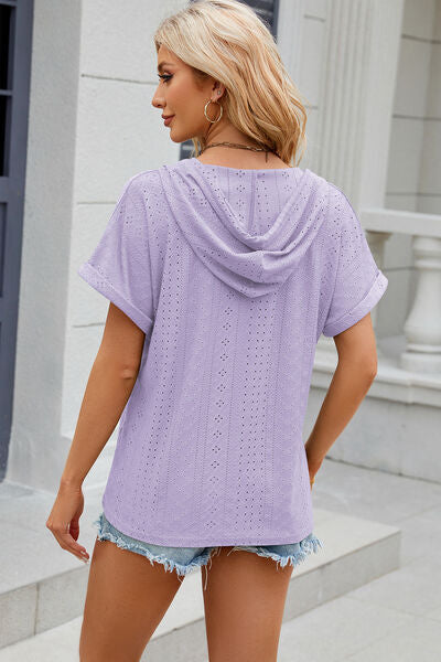 Eyelet Drawstring Hooded Short Sleeve Blouse