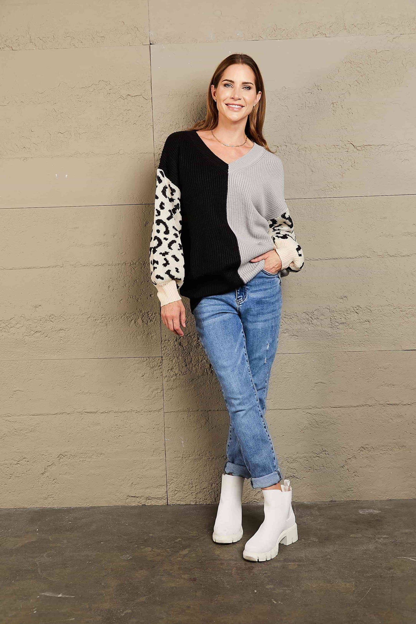 Woven Right Leopard Color Block V-Neck Tunic Pullover Sweater