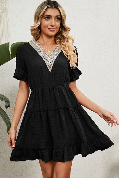 Swiss Dot V-Neck Flounce Sleeve Mini Dress