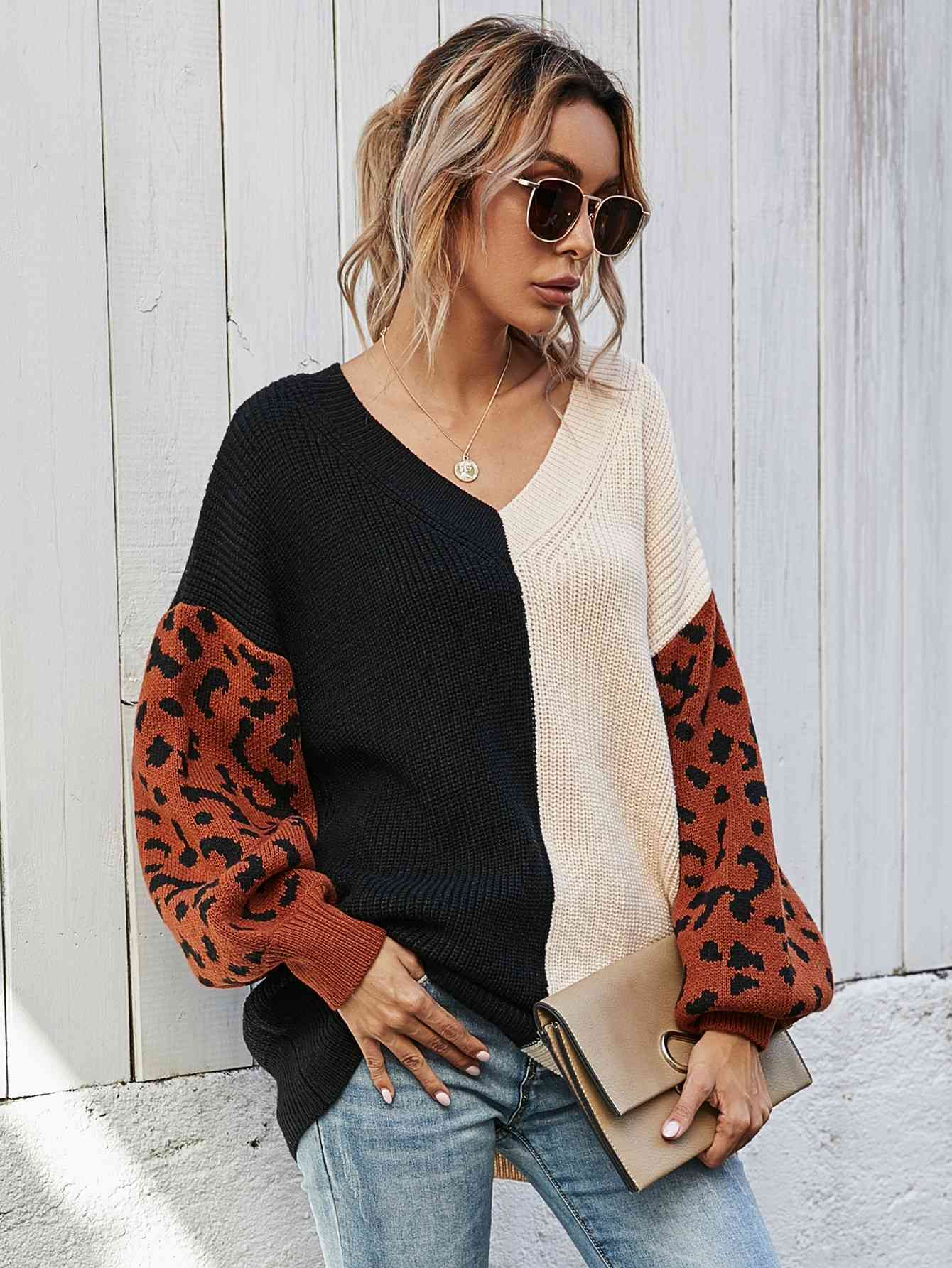 Woven Right Leopard Color Block V-Neck Tunic Pullover Sweater