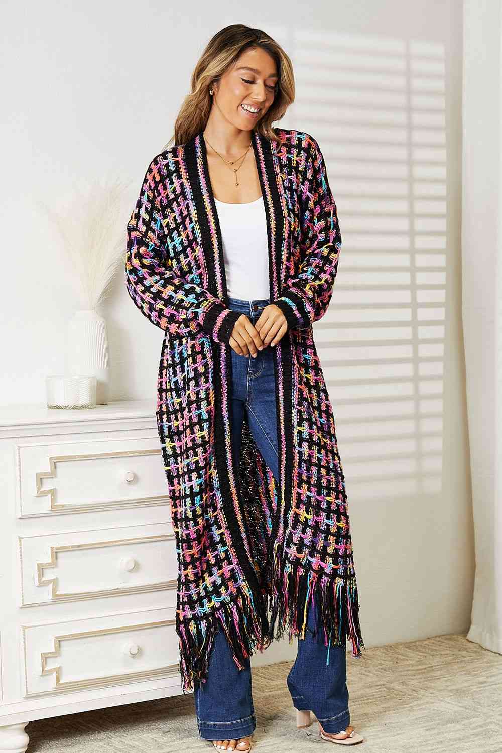 Double Take Full Size Multicolored Open Front Fringe Hem Cardigan