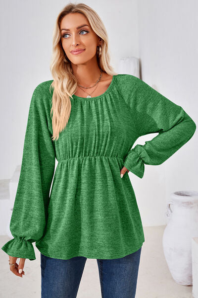 Ruched Round Neck Flounce Sleeve Blouse