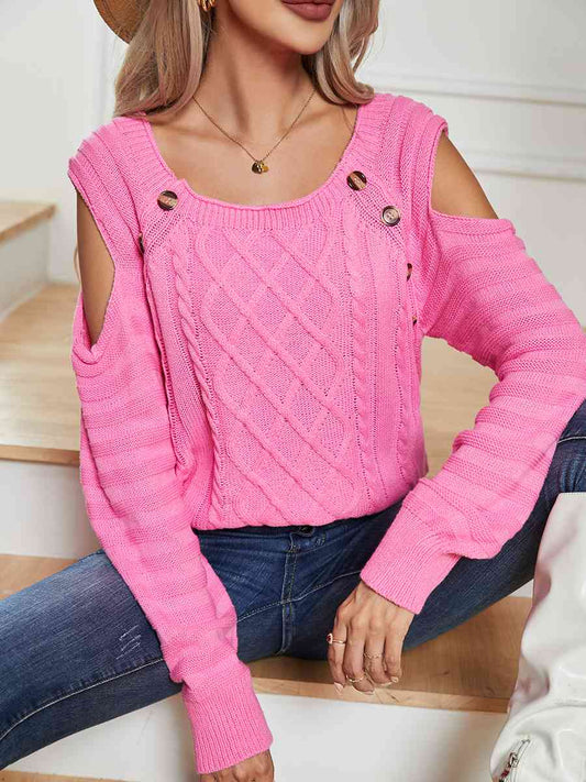 Decorative Button Cold-Shoulder Sweater