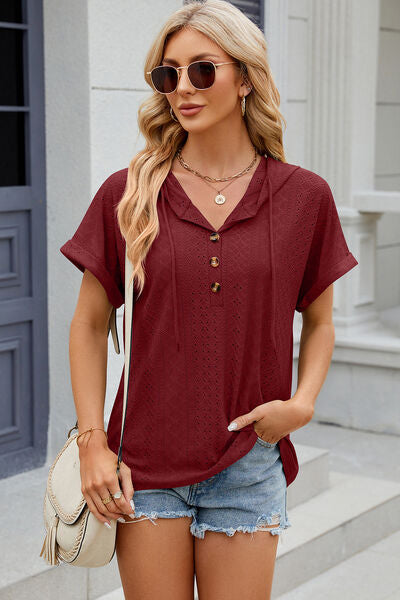 Eyelet Drawstring Hooded Short Sleeve Blouse