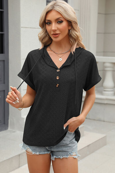 Eyelet Drawstring Hooded Short Sleeve Blouse