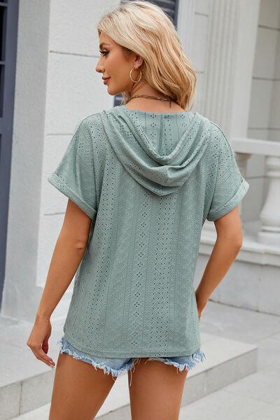 Eyelet Drawstring Hooded Short Sleeve Blouse