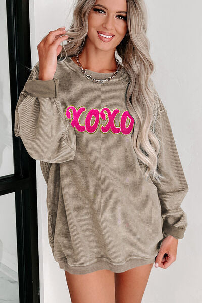 XOXO Sequin Round Neck Dropped Shoulder Sweatshirt